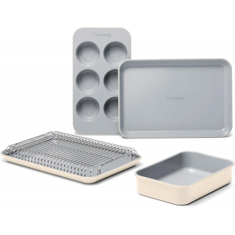 Caraway Mini Bakeware Set – Naturally Non-Stick, Non-Toxic Ceramic Coating – Compact Baking Pans Set for Small Kitchens & Ovens – Includes Baking Sheets, Muffin Pan, Cooling Rack & Storage - Cream