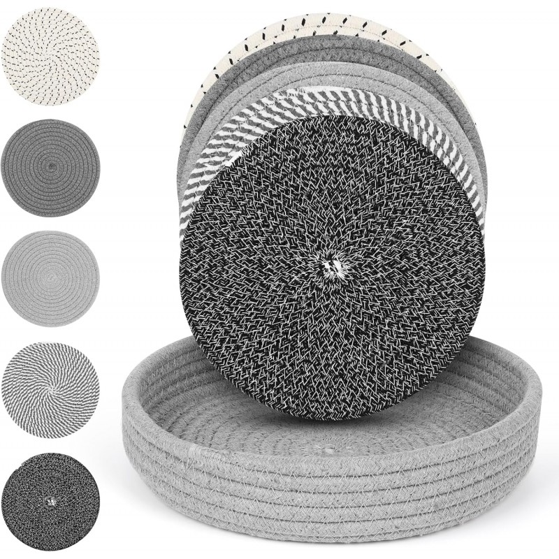 TIAMECH 9 Inch Trivets for Hot Dishes, Hot Pots and Pans - Set 5 Pcs Heat Resistant Large Thicken Trivets & Hot Pads for Countertops with Storage Basket