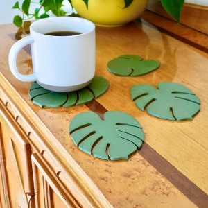 Monstera Coaster Set, 4 Count, Green Leaf Silicone Drink Coasters, Non Slip, Anti Stain, Heat Resistant, Hand Wash Only