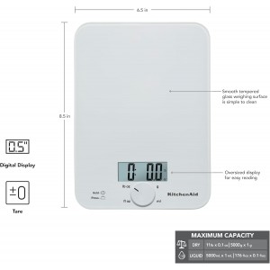 KitchenAid KQ914WH Glass Surface 11 Pound Capacity Digital Kitchen and Food Scale, Scale for Food Ounces and Grams, Dry and Liquid Ingredients, White