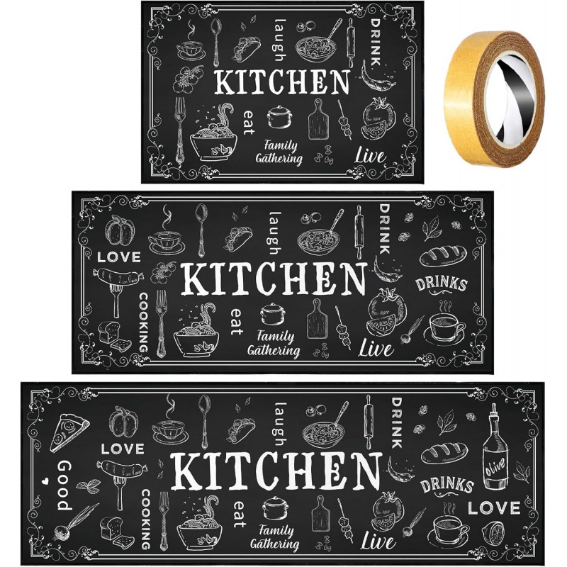 Bencailor 3 Pieces Kitchen Rugs Set Non Slip Washable Kitchen Mats Farmhouse Welcome Door Mat Floor Rugs Absorbent for Home Laundry Living Room and Hallway,3 Sizes(Black)