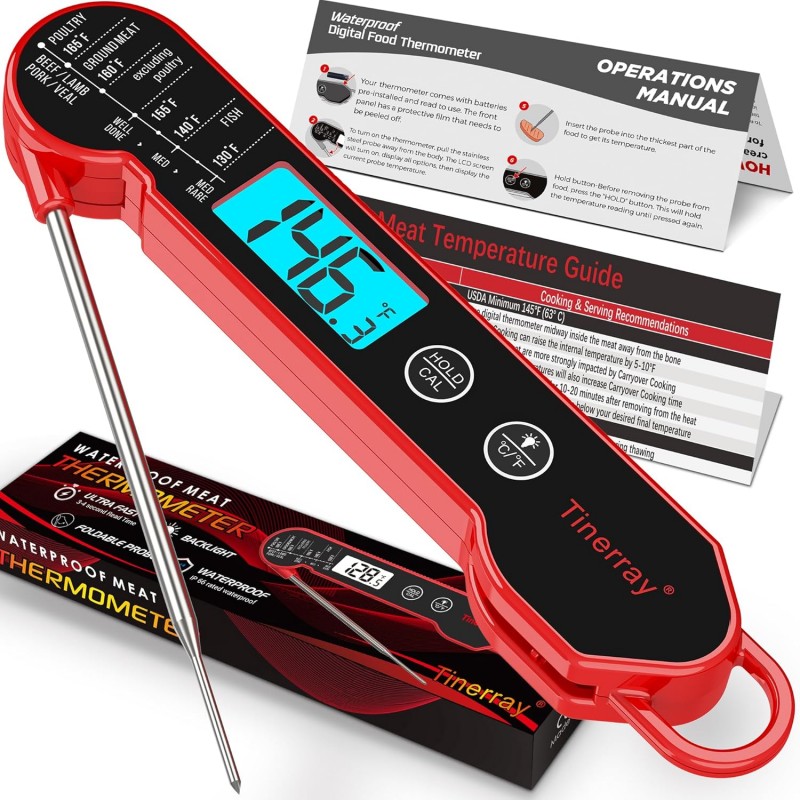 Digital Meat Thermometer Instant Read Waterproof – Folding Probe Food Thermometer with Backlight & Calibration, Gift for Chef, Fast Read for BBQ, Grill, Deep Fry, Cooking, Liquids