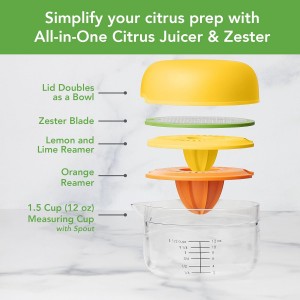 Tovolo Citrus Juicer and Zester Manual Lemon Squeezer with Measuring Cup and Built In Strainer, Easy Clean BPA Free Zester Grater with Handle for Fresh Citrus Dual Reamers for All Fruit Sizes