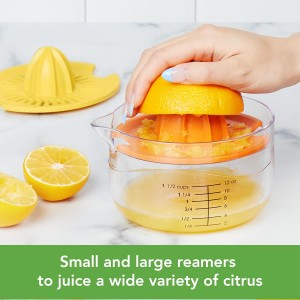 Tovolo Citrus Juicer and Zester Manual Lemon Squeezer with Measuring Cup and Built In Strainer, Easy Clean BPA Free Zester Grater with Handle for Fresh Citrus Dual Reamers for All Fruit Sizes