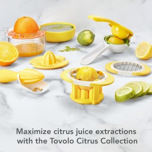 Tovolo Citrus Juicer and Zester Manual Lemon Squeezer with Measuring Cup and Built In Strainer, Easy Clean BPA Free Zester Grater with Handle for Fresh Citrus Dual Reamers for All Fruit Sizes