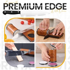 Rolling Knife Sharpener Kit – Magnetic 4-Angle Base, 3.86 Inches Longer Wooden Roller, 4 Grit Discs (1000/400 Diamond & 3000 Maroon / 6000 White Ceramic) and Leather Strop