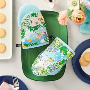 Kate Spade New York Spring Garden Mini Oven Mitt 2-Pack Set, Heat Resistant, 100% Cotton with Printed Non-Slip Silicone Grip, Blue/Green/Beige, 5.5