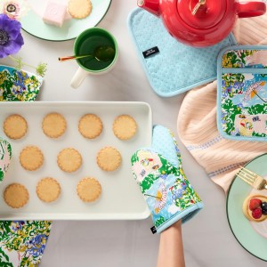 Kate Spade New York Spring Garden Mini Oven Mitt 2-Pack Set, Heat Resistant, 100% Cotton with Printed Non-Slip Silicone Grip, Blue/Green/Beige, 5.5