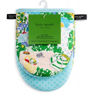 Kate Spade New York Spring Garden Mini Oven Mitt 2-Pack Set, Heat Resistant, 100% Cotton with Printed Non-Slip Silicone Grip, Blue/Green/Beige, 5.5