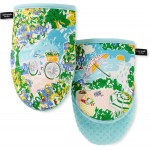 Kate Spade New York Spring Garden Mini Oven Mitt 2-Pack Set, Heat Resistant, 100% Cotton with Printed Non-Slip Silicone Grip, Blue/Green/Beige, 5.5