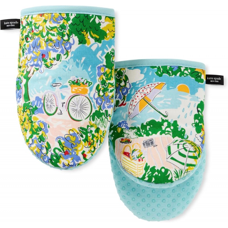 Kate Spade New York Spring Garden Mini Oven Mitt 2-Pack Set, Heat Resistant, 100% Cotton with Printed Non-Slip Silicone Grip, Blue/Green/Beige, 5.5