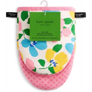 Kate Spade New York Painterly Bouquet Mini Oven Mitt 2-Pack Set, Heat Resistant, 100% Cotton with Printed Non-Slip Silicone Grip, Pink/Green/Blue, 5.5
