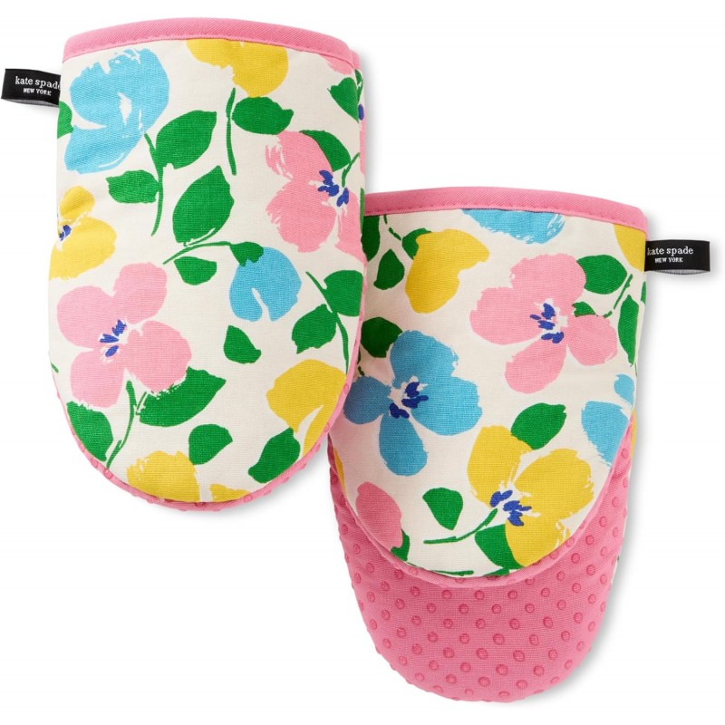 Kate Spade New York Painterly Bouquet Mini Oven Mitt 2-Pack Set, Heat Resistant, 100% Cotton with Printed Non-Slip Silicone Grip, Pink/Green/Blue, 5.5