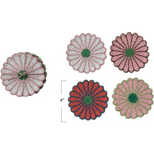 Creative Co-Op 4-Piece Beaded Glass Flower Shaped Coasters with Jute Tie, 4 Colors