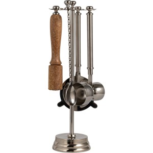 Creative Co-Op 5-Piece Stainless Steel and Mango Wood Bar Tools with Stand, Nickel Finish and Natural