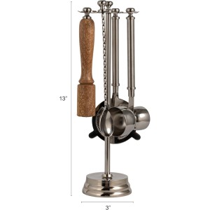 Creative Co-Op 5-Piece Stainless Steel and Mango Wood Bar Tools with Stand, Nickel Finish and Natural
