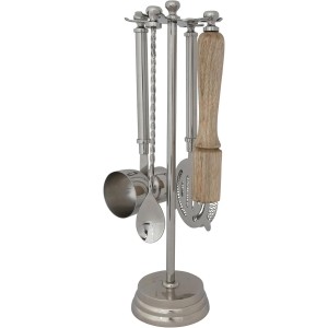 Creative Co-Op 5-Piece Stainless Steel and Mango Wood Bar Tools with Stand, Nickel Finish and Natural