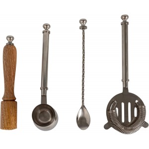 Creative Co-Op 5-Piece Stainless Steel and Mango Wood Bar Tools with Stand, Nickel Finish and Natural