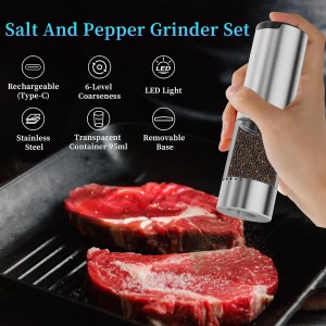 Electric Salt and Pepper Grinder Set Type-C Fast Charging, Automatic Salt and Pepper Shakers Adjustable Coarseness, Stainless Steel Rechargeable Salt and Pepper Grinder with LED Light