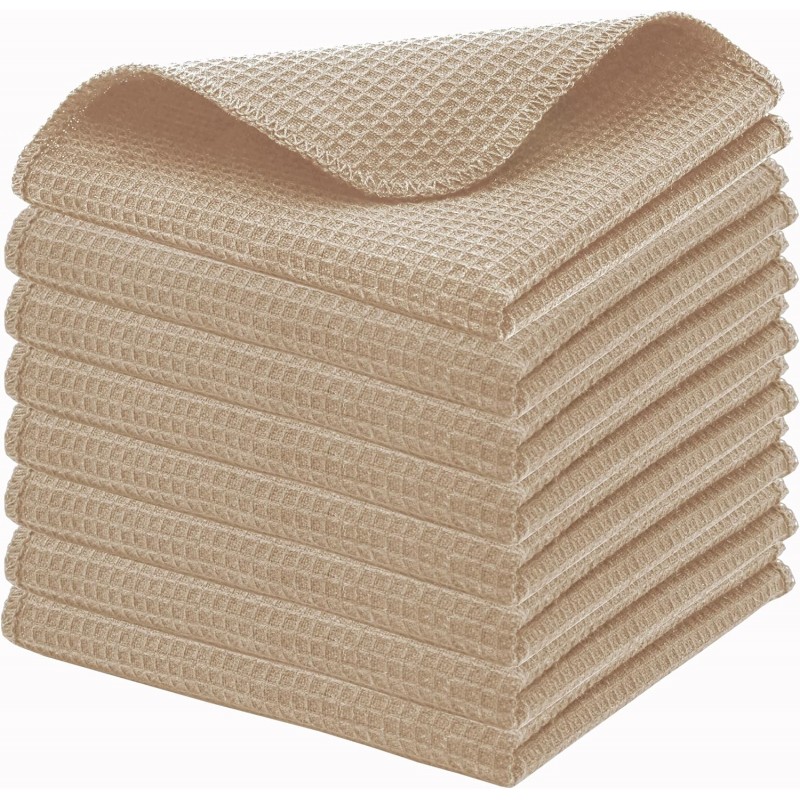 PurpleEssences Dish Cloths and Dish Rags - 8 Pack Waffle Weave Solid Kitchen Dish Wash Cloths, 100% Cotton, 12x12 Inches, Ultra Soft Absorbent Quick Drying - Spring Easter Summer - Beige