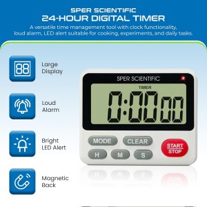 Sper Scientific 24-Hour Digital Lab + Kitchen Timer with LED Light 810001 - Precision Countdown Timer with Large Display, Loud Alarm & Clock Mode - for Cooking, Lab Experiments & More