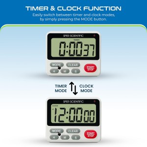 Sper Scientific 24-Hour Digital Lab + Kitchen Timer with LED Light 810001 - Precision Countdown Timer with Large Display, Loud Alarm & Clock Mode - for Cooking, Lab Experiments & More