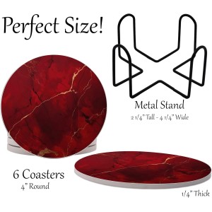 Dark Red Agate Marble Round Coasters Set of 6 - Abosrbent Ceramic Coasters with Metal Stand for Drinks, Coffee, Non-Slip Cork Back for Tabletop Protection, 4 Inches Marbled Pattern (Dark Marble)