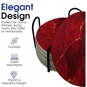 Dark Red Agate Marble Round Coasters Set of 6 - Abosrbent Ceramic Coasters with Metal Stand for Drinks, Coffee, Non-Slip Cork Back for Tabletop Protection, 4 Inches Marbled Pattern (Dark Marble)