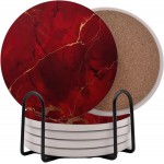 Dark Red Agate Marble Round Coasters Set of 6 - Abosrbent Ceramic Coasters with Metal Stand for Drinks, Coffee, Non-Slip Cork Back for Tabletop Protection, 4 Inches Marbled Pattern (Dark Marble)