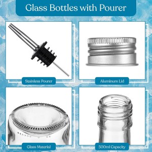 Baderke 4pcs 17oz Glass Long Neck Bottles Glass Pour Liquor Bottles Bar Juice Pour Syrup Bottle with Pourer & Caps Pourer Tapered Spout for Liquor Wine Juice Snowcone Syrup