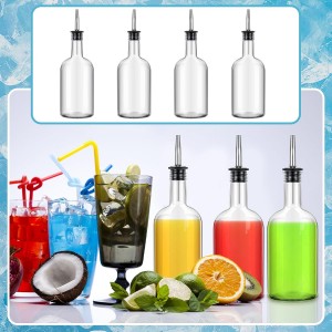 Baderke 4pcs 17oz Glass Long Neck Bottles Glass Pour Liquor Bottles Bar Juice Pour Syrup Bottle with Pourer & Caps Pourer Tapered Spout for Liquor Wine Juice Snowcone Syrup