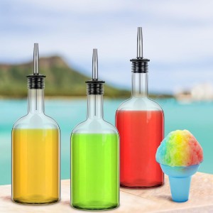 Baderke 4pcs 17oz Glass Long Neck Bottles Glass Pour Liquor Bottles Bar Juice Pour Syrup Bottle with Pourer & Caps Pourer Tapered Spout for Liquor Wine Juice Snowcone Syrup