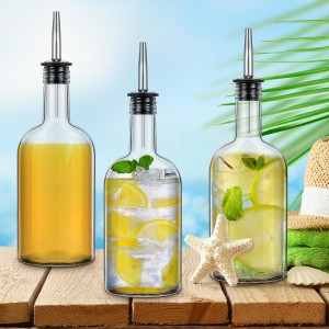 Baderke 4pcs 17oz Glass Long Neck Bottles Glass Pour Liquor Bottles Bar Juice Pour Syrup Bottle with Pourer & Caps Pourer Tapered Spout for Liquor Wine Juice Snowcone Syrup