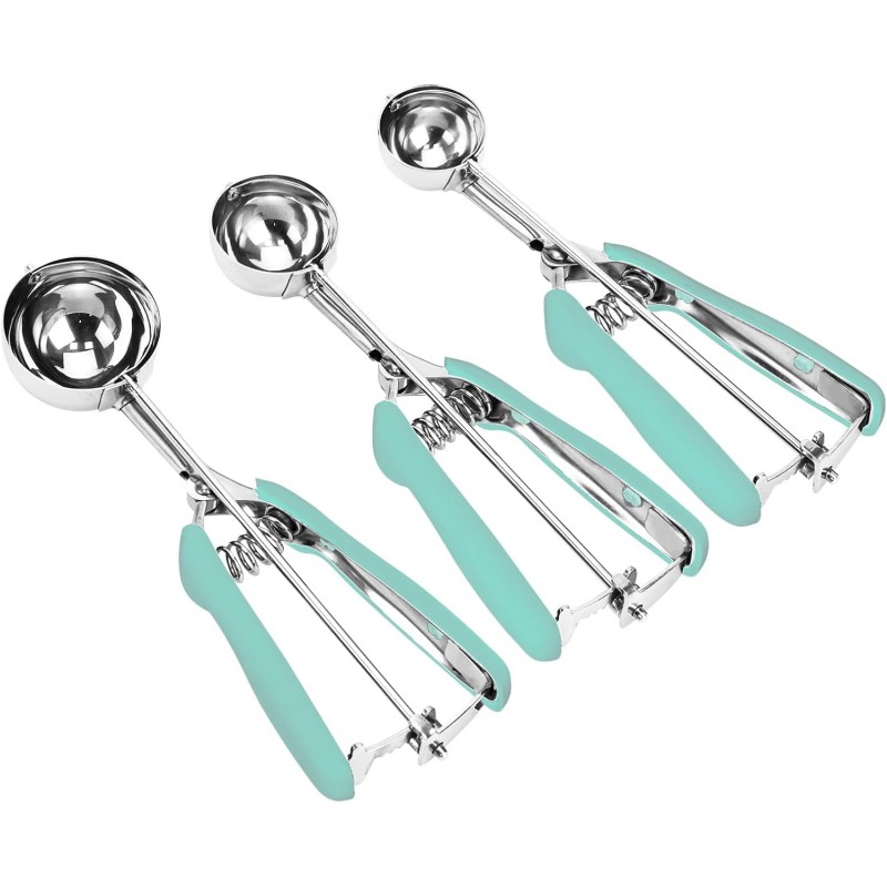 Cookie Scoop Set, 3Pcs Ice Cream Scoop, Cookie Scoops for Baking Set of 3, 18/8 Stainless Steel Cookie Scooper for Baking, Ice Cream Scooper with Trigger Release, Mint Soft Grip Cookie Dough Scoop