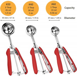 Cookie Scoop Set, 3Pcs Ice Cream Scoop, Cookie Scoops for Baking Set of 3, 18/8 Stainless Steel Cookie Scooper for Baking, Ice Cream Scooper with Trigger Release, Red Soft Grip Cookie Dough Scoop