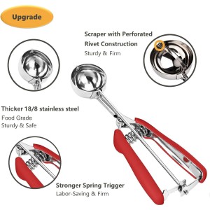 Cookie Scoop Set, 3Pcs Ice Cream Scoop, Cookie Scoops for Baking Set of 3, 18/8 Stainless Steel Cookie Scooper for Baking, Ice Cream Scooper with Trigger Release, Red Soft Grip Cookie Dough Scoop