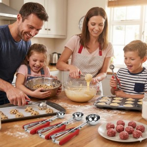 Cookie Scoop Set, 3Pcs Ice Cream Scoop, Cookie Scoops for Baking Set of 3, 18/8 Stainless Steel Cookie Scooper for Baking, Ice Cream Scooper with Trigger Release, Red Soft Grip Cookie Dough Scoop