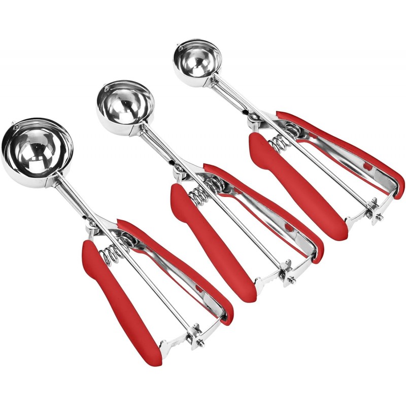 Cookie Scoop Set, 3Pcs Ice Cream Scoop, Cookie Scoops for Baking Set of 3, 18/8 Stainless Steel Cookie Scooper for Baking, Ice Cream Scooper with Trigger Release, Red Soft Grip Cookie Dough Scoop