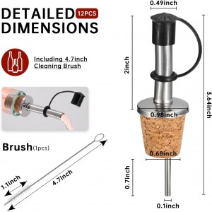 12Pcs Stainless Steel Cork Bottle Pourers with Rubber Dust Caps, Olive Oil Spout, Cork Design Wine Bottle Stoppers for Pours Liquid, Olive Oil, Wine, Vinegar
