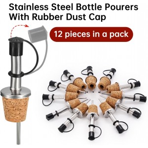 12Pcs Stainless Steel Cork Bottle Pourers with Rubber Dust Caps, Olive Oil Spout, Cork Design Wine Bottle Stoppers for Pours Liquid, Olive Oil, Wine, Vinegar