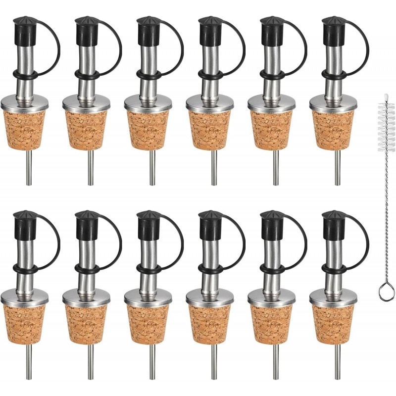 12Pcs Stainless Steel Cork Bottle Pourers with Rubber Dust Caps, Olive Oil Spout, Cork Design Wine Bottle Stoppers for Pours Liquid, Olive Oil, Wine, Vinegar