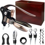 Wine Opener, Rabbit Corkscrew with Elegant Wooden Box, Premium 9-Piece Set, Includes Wine Stopper, Foil Cutter, Aerator, Quick and Easy Cork Extraction for Wine Lovers, Bronze