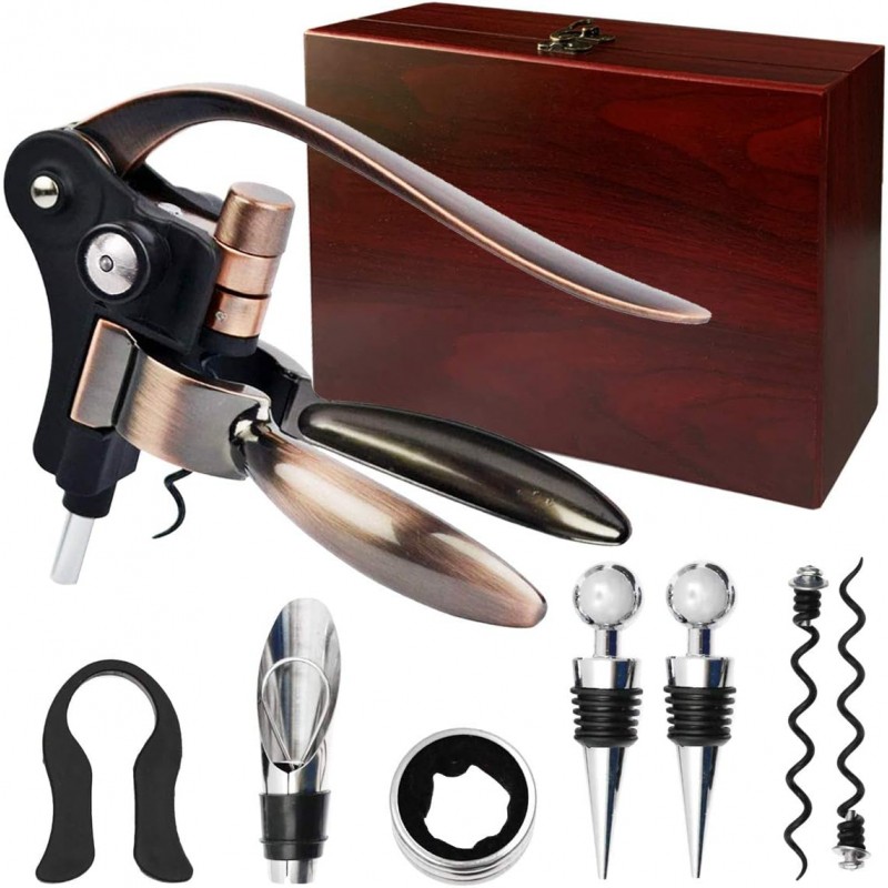 Wine Opener, Rabbit Corkscrew with Elegant Wooden Box, Premium 9-Piece Set, Includes Wine Stopper, Foil Cutter, Aerator, Quick and Easy Cork Extraction for Wine Lovers, Bronze