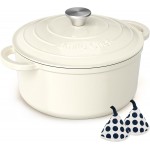 Enameled Cast Iron Dutch Oven - Umite Chef 5QT Pot with Lid & Cotton Potholders - Heavy-Duty Cookware for Bread Baking, Braising, Stews, Roasting(Cream White)