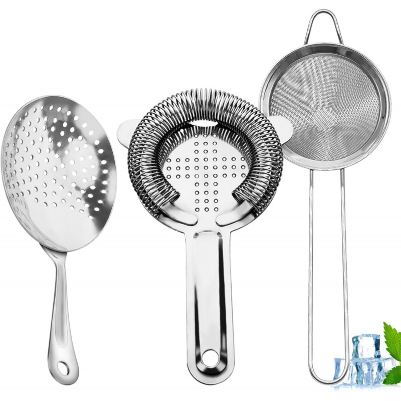 Cocktail Strainer-Stainless Steel Bar Tools Bartender Cocktail Strainer Set:Hawthorne Strainer,Julep Strainer and Conical Fine Mesh Strainer (Silver)