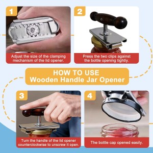 Oak Wood Handle Manual Cap Crack Jar Opener - Comfort Grip, Adjustable, Non-Slip, Heavy-Duty Stainless Steel Jar Lid Remover for Parents, Weak Hands & Seniors, Thoughtful Kitchen Gadget Gift