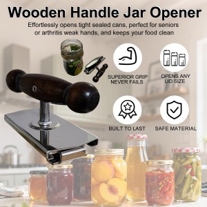 Oak Wood Handle Manual Cap Crack Jar Opener - Comfort Grip, Adjustable, Non-Slip, Heavy-Duty Stainless Steel Jar Lid Remover for Parents, Weak Hands & Seniors, Thoughtful Kitchen Gadget Gift