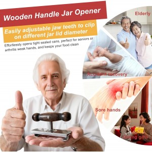 Oak Wood Handle Manual Cap Crack Jar Opener - Comfort Grip, Adjustable, Non-Slip, Heavy-Duty Stainless Steel Jar Lid Remover for Parents, Weak Hands & Seniors, Thoughtful Kitchen Gadget Gift