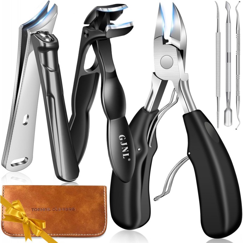 Toenail Clippers for Thick Nails, 6 Pcs Professional Wide Jaw Opening Nail Clipper Set for Seniors, Sharp Stainless Steel Fingernail Cutters with Slanted Edge & Travel Case, Podiatrist Tool Kit