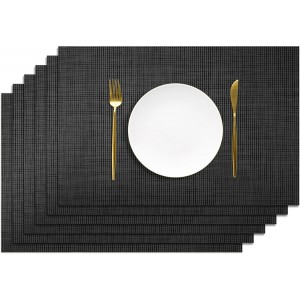 AUAUY Placemats Set of 6 Washable, Non-Slip Heat Resistant Table Mats, PVC Vinyl Woven Table Placemats Wipeable for Kitchen Dinning Restaurant, Farmhouse (Black, 6pcs)
